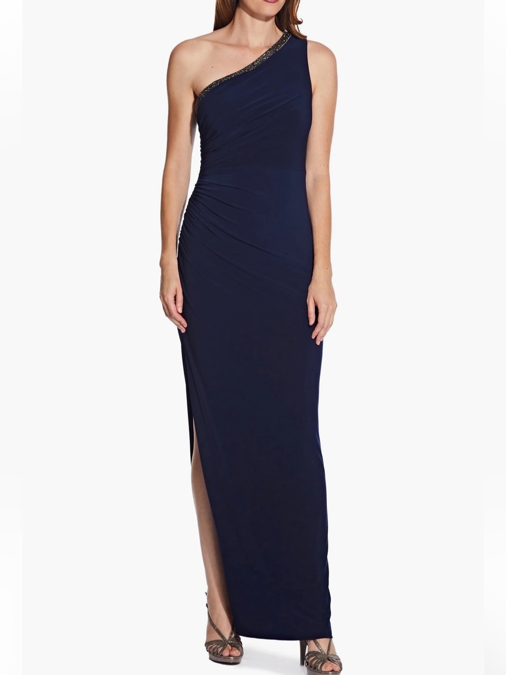 Adrianna Papell Navy One-Shoulder Jersey Evening Gown with Beaded Trim 6 NWT
